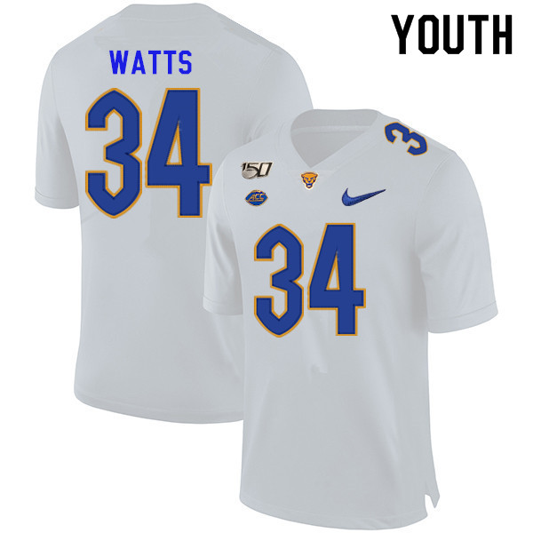 2019 Youth #34 Amir Watts Pitt Panthers College Football Jerseys Sale-White - Click Image to Close